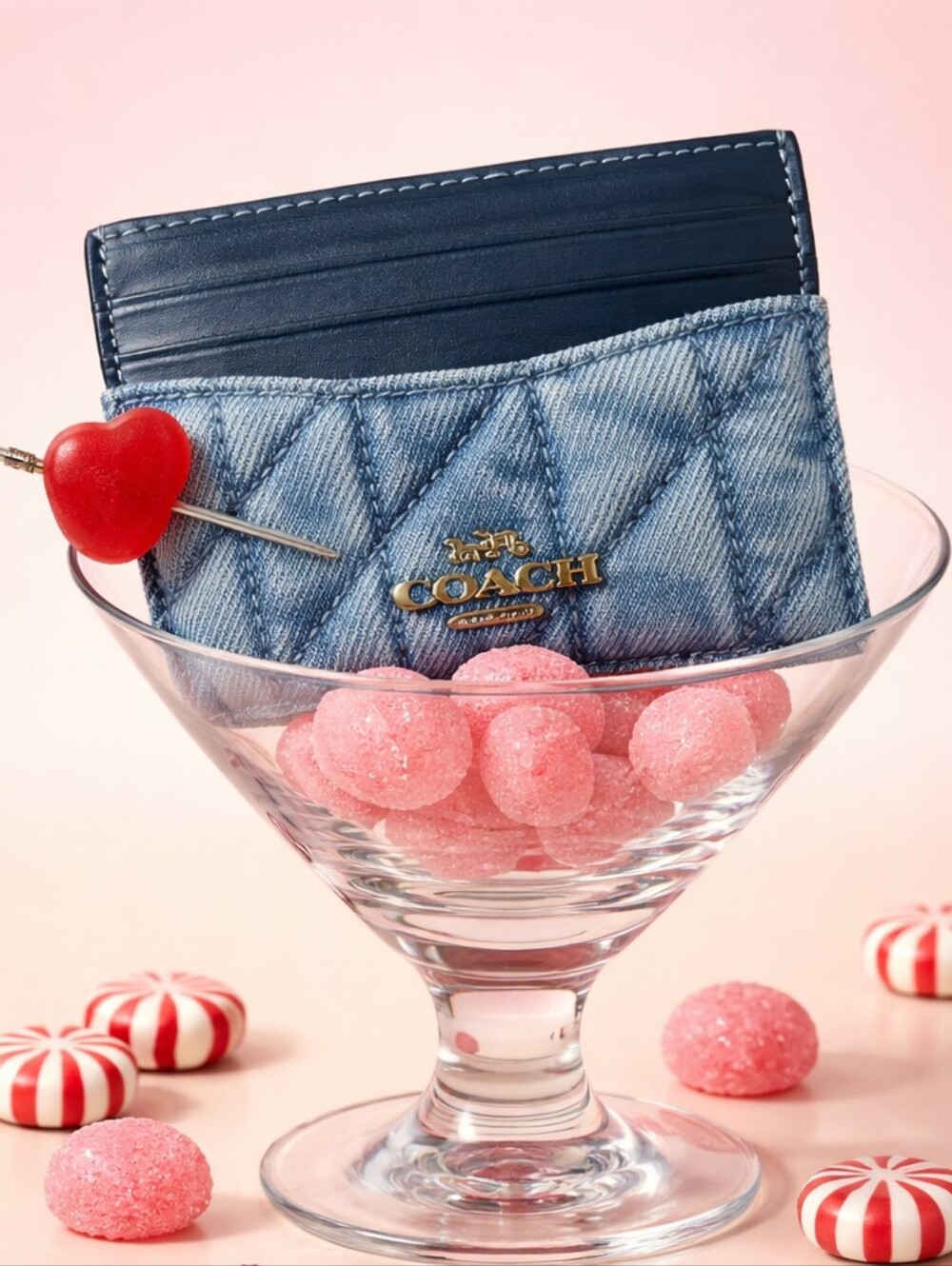 Coach Quilted Denim Card Case with Navy Leather Interior